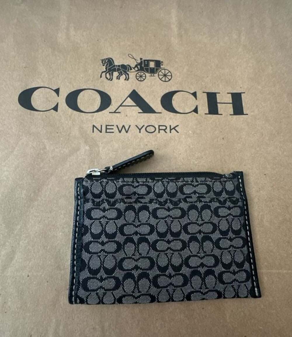 Coach Signature Black Grey Canvas Zip Card Case Wallet